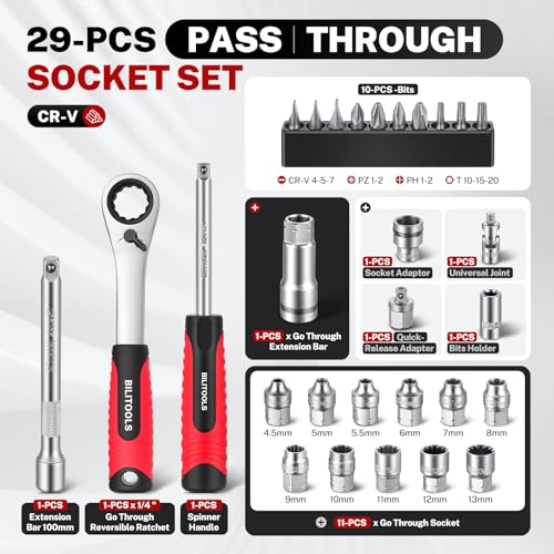 Image of BILITOOLS 29PCS 1 /4 inch Pass Through Socket Set with Spline Sockets & Bits | Small Pass Thru Go Through Ratchet Mechanics Tools Set for Tight Spaces, Low Profile 72-Tooth Wrench