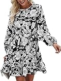 Angashion Womens Dresses Casual Floral Print Long Sleeve Swing Pleated Skater A Line Mini Dress