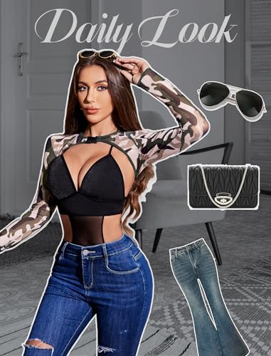 Image of Avidlove Rave Outfits for Women Festival Sexy Lingerie Bodysuit 2 Piece | Buckle shrug crop top halter bodysuit set, snap closure, breathable mesh, for concerts and club nights