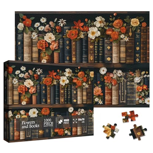 Larkipuzz Vintage Books Wildflower Bookshelf Puzzles for Adults 1000 Pieces