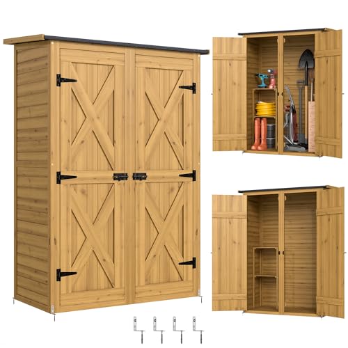 Outsunny Abri de Rangement en Bois, Cabane de Jardin avec 2 Étagères, Double Portes et Loquets, Armoire à Outils avec Toit Incliné pour Terrasse, Jardin,...