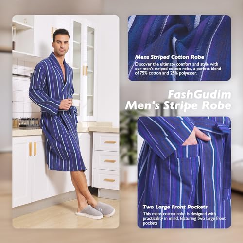 Image of FashGudim Mens Buffalo Plaid Cotton Robe Lightweight Bathrobe Shawl Collar Kimono Sleepwear Loungewear House Robes