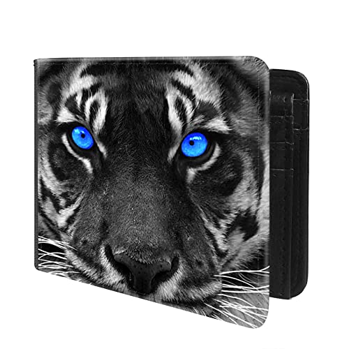 (Jungle Tiger witl Blue Eyes Front Pocket Slim Bifold Leather Wallet RFID Blocking with ID Window for Men