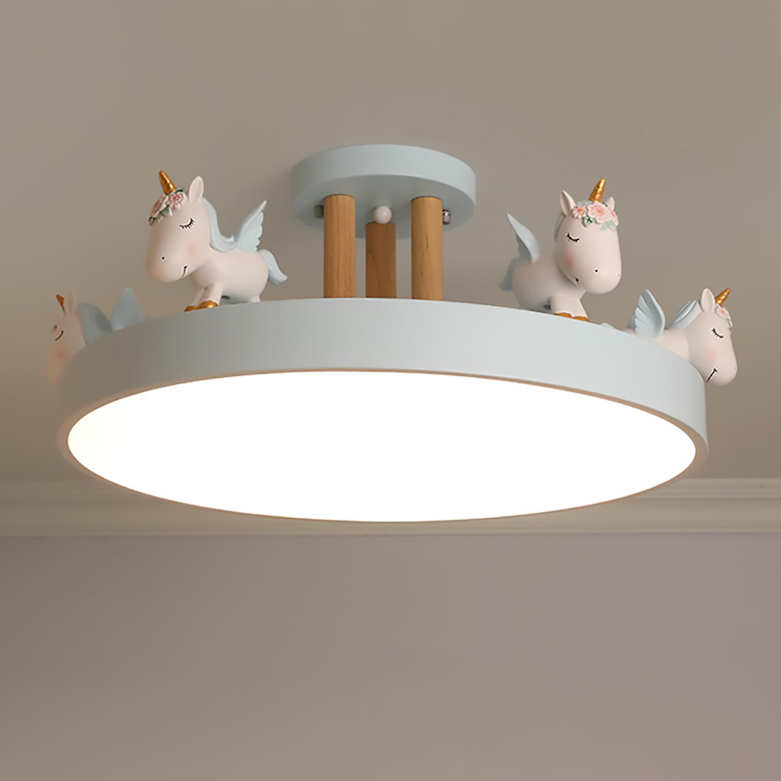 HYJAUSXB Cartoon Ceiling Light Girls Room Lighting Fixtures, Round LED Chandelier 3 Color Dimmable, Flush Mount Kids Lamp for Baby Bedroom,Study Room(Wood Rod, Blue)