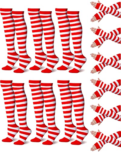 12 Pairs Women Long Striped Socks over Knee Tights Striped High Socks Arm Warmer Gloves Set for Christmas Halloween Cosplay
