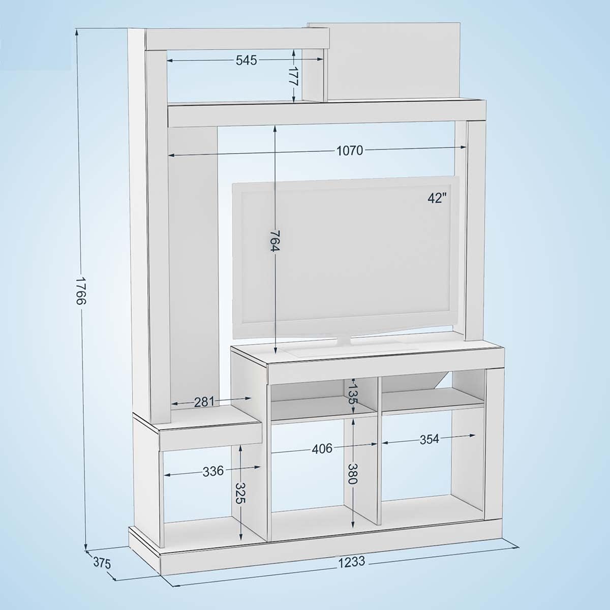 Detailed diagram of the Orka Entertainment Center with various dimensions labeled in millimeters.