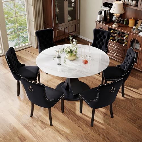 Image of 7-Piece Dining Table Set with 47In Faux Marble Table and 6 Velvet Upholstered Chairs, Modern Scandinavian Furniture for Dining Room Kitchen(Black)
