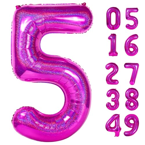 Image of Laser Hot Pink 5 Balloon, Number Balloons 40 Inch, 5th Birthday Balloon Decorations, Laser Hot Pink Party Supplies, 5 Number Balloons, Number 5 Balloon