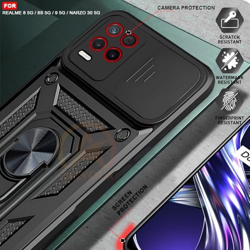 Image of Armor Bumper Back Cover Case for Realme 8 5G / 8s 5G / Narzo 30 5G Rotating Camera Cover, Ring Holder & Kickstand | Heavy Duty & 360 Degree Protection Back Cover (Black)