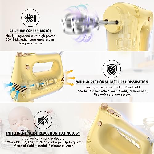 Image of GUALIU Electric Hand Mixer with Stainless Steel Whisk, Dough Hook Attachment and Storage Bag, Handheld Mixer for Baking Cakes, Eggs, Cream Food Mixers. Turbo Boost /5 Speed Kitchen Blender Yellow