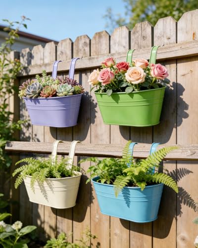 Evolpor 4Pcs Metal Iron Hanging Flower Pots Fence Hanging Planters with Drainage Holes and Detachable Hooks Hanging Bucket Planters for Balcony Fence Patio Garden Indoor Outdoor Home Decor