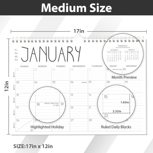 Image of GuassLee 2027 wall calendar 12 month, Jan 2027-Dec 2027, 17 inchx12 inch