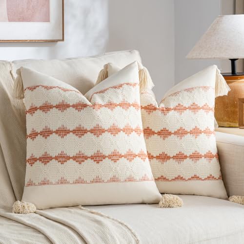 Fancy Homi Set of 2 Boho Coral Decorative Throw Pillow Cover 18x18 Inch for Couch Bed Sofa, Aesthetic Organic Farmhouse Home Decor, Soft Cotton Cute Accent Macrame Woven Cushion Case with Tassels
