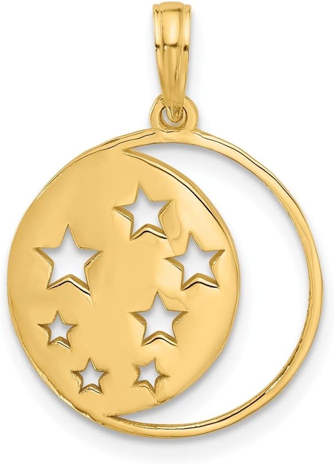Diamond2Deal 14K Yellow Gold Polished Moon and Stars Circle Shape Charm Pendant L 0.98 in, W 0.70 in