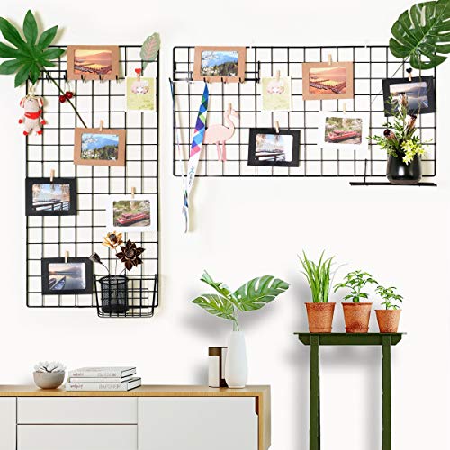 Wall Photo Grid Shelf, Wall Hanging Ins Art Display Grid Panel For Decor & Storage, Metal Wire Notice Boards & Memo Board, Mesh Tool Organiser, Wall Photo Frame 2 Pcs (Black, 15.7 X 31.5 Inches) #TOP3
