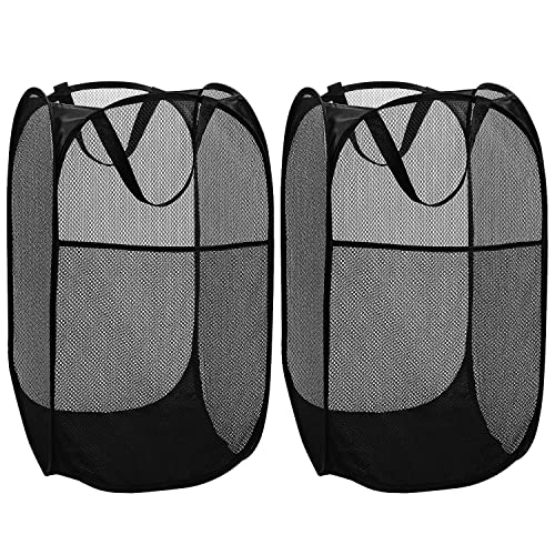Image of BATTOO Deluxe Strong Mesh Pop up Laundry Hamper Basket with Side Pocket Foldable Hamper for Laundry Room, Bathroom, Kids Room, College Dorm or Travel Black + Black