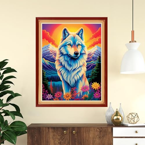 Image of Funchey Stamped Cross Stitch Kits, DIY Cross Stitch Pattern for Adults Beginners Needlepoint Kits Embroidery Kit Arts and Crafts 11CT-Wolf King Flower 16x20 inch