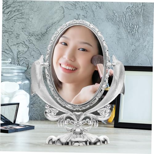 Miroir cosmétique double face pivotant de table avec socle stable design dauphin argenté