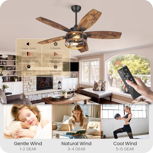 Image of 42 Inch Farmhouse Ceiling Fan with Lights and Remote, Timer, Dual Finish 5 Blades (Rustic Brown and Black), 6 Speeds, Reversible DC Motor, Rustic Brown Caged Ceiling Fan for Bedroom B04CF4205