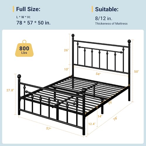 Image of Allewie 14'' Full Size Metal Platform Bed Frame, Vintage Headboard, Black | 50'' Tall Victorian Headboard /Footboard /Mattress Foundation /Under Bed Storage /No Box Spring Needed /Easy Assembly /Noise Free