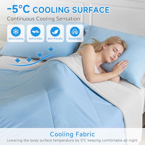 Image of HOMFINE Cooling Comforter Japanese Double-Sided Arc-Chill Cold Tech Fabric Cooling Blanket for Night Sweats Hot Sleepers, Q-Max 0.45 Soft Breathable Silk Smooth Lightweight Blue Summer Comforter King