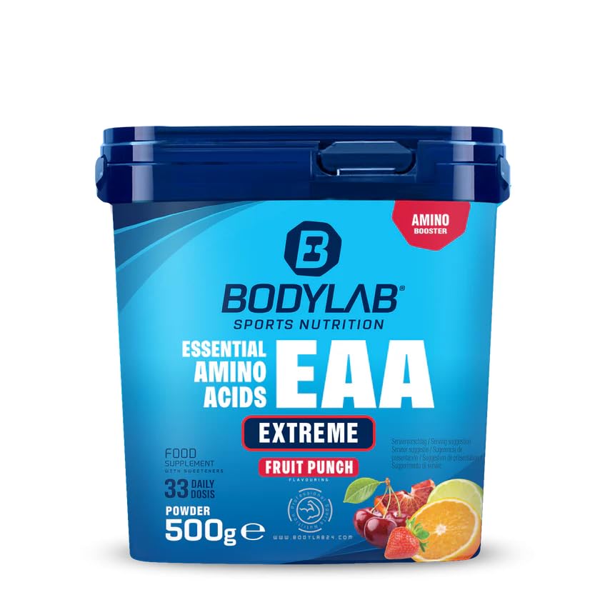 Bodylab24 EAA Extreme 500g, Essentielle Aminosäuren angereichert mit 1,5g Glutamin, 1g Alanin und den Vitaminen B6 und B3 als fruchtiges Getränk für Regeneration und Muskelaufbau, Fruchtmix