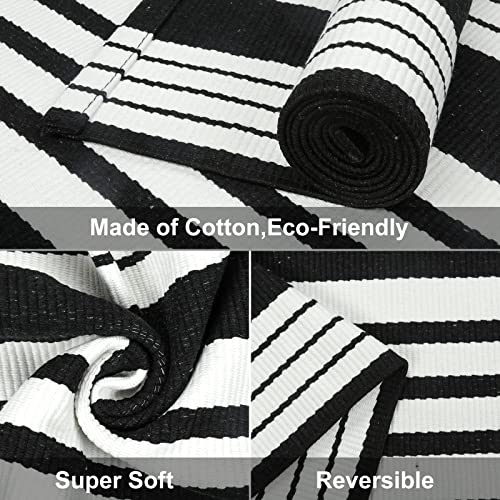 Black And White Striped Outdoor Rug, 2’ X 4.3’ Cotton Hand-Woven Reversible Front Porch Rug Washable Front Door Mat Entryway Rugs Welcome Layered Doormat Carpet For Patio Farmhouse Kitchen #TOP3