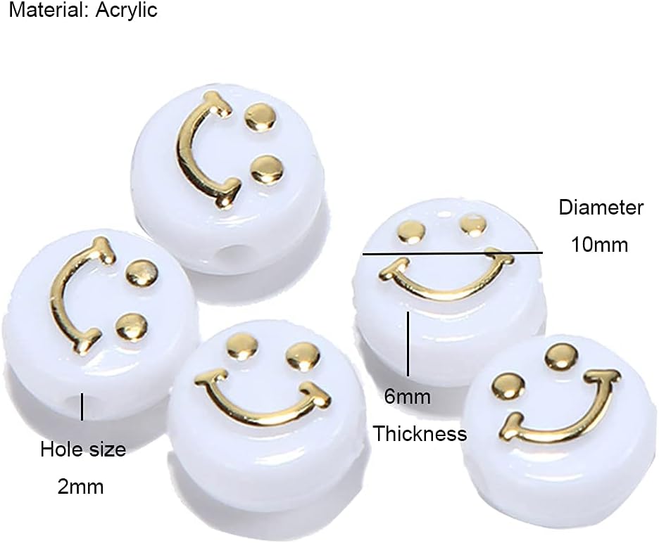 100pcs White Smiley Face Beads,Happy Face Spacer Beads for DIY Jewelry Bracelet Earring Necklace Craft Making Supplies (White&Gold)