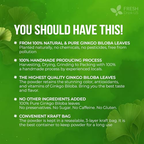 Image of FRESHDRINKUS, Premium 8oz Ginkgo Biloba Leaves Powder, 100% Natural & Pure, Herbal Tea, No Sugar, No Caffeine, No Gluten, Vegan.