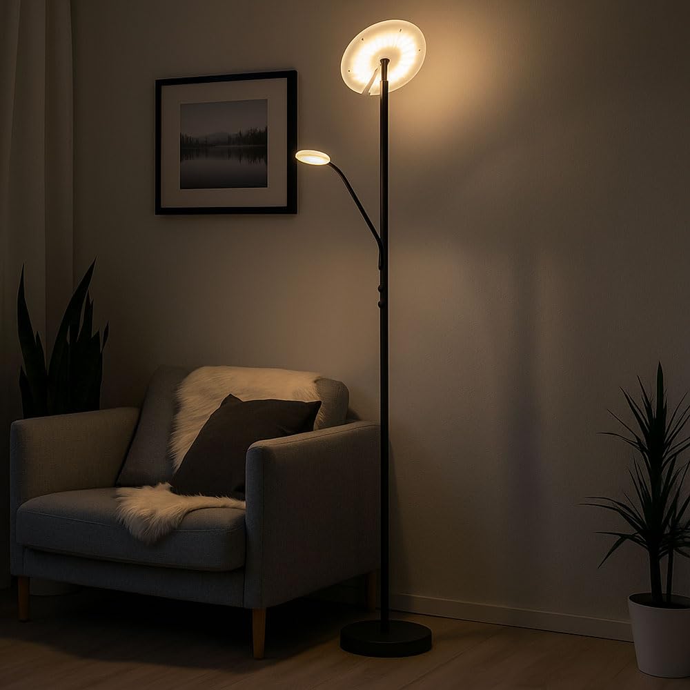 LED Stehlampe dimmbar Deckenfluter mit flexibler Leselampe Stehleuchte schwarz, Metall Acryl, 28W 2100lm warmweiß, DxH 30 x 180 cm