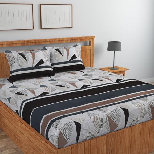 Image of NEW LEAF Cotton Fitted King Bedsheets with 2 Pillow Covers | Elastic Fitted | Wrinklefree | Ultrasoft |Winter Bedsheet 200 to 220 tc Floral | 78x72+8 Inches, Abstract White Black