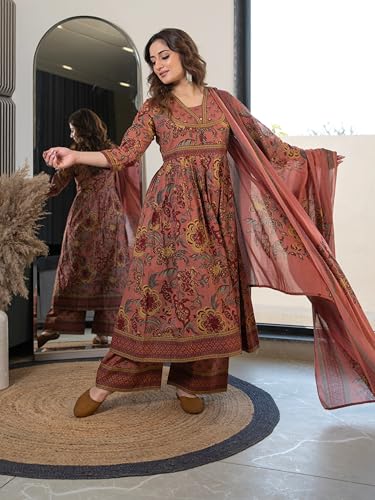 Image of Arayna Women's 100% Cotton Anarkali Kurta Set with Pant & Dupatta | Jaipuri Floral Ethnic Suit