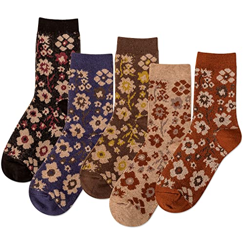 Image of IIG 5 Pairs Womens Pretty Vintage Wool Socks Unique Print Design Soft Cozy Warm Crew Socks Christmas Gift