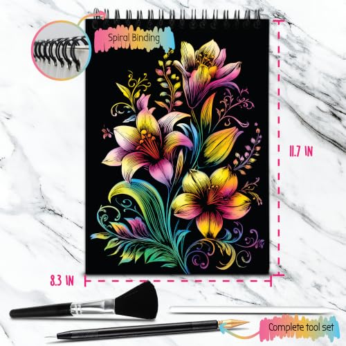 Image of Scratch Art Book for Adults - Floral Series, 10 Rainbow Art and Crafts for Adults