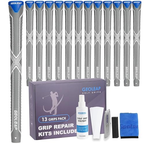 Geoleap ACX Golf Grips 13 Pack with Complete Regripping Kit -Reduced Taper & Triple Texture Non-Slip Design Golf Club Grips High Shock-Absorbing Soft Feel Golf Grips for Men and women. (Grey Midsize)