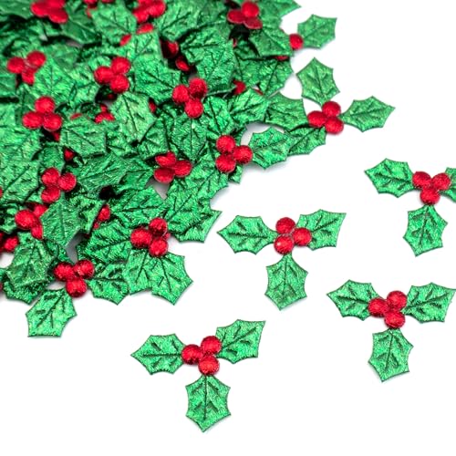 Quacc 100pcs Mini Triple Leaf Holly Berries Christmas Simulation Holly Berries Artificial Holly Leaves for Christmas Wreath Card Gift Tags Table Decorations (3.5CM)