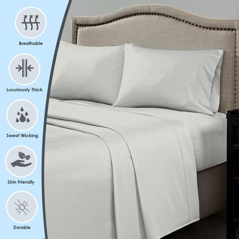 Pizuna Twin Sheet Set 100% Luxury Cotton 1000 Thread Count Soft Sateen Weave Breathable Hotel Quality Cooling Bed Sheets Twin Size Bedding Set with Deep Pocket & Easy Fit Bedsheet (3PC) Silver - Image 2