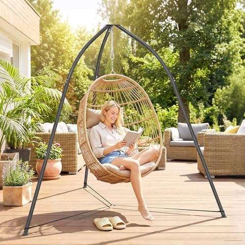 Outsunny Soporte para Silla Colgante Triangular Altura 210 cm, con Cadena Ajustable, Base Estable, Resistente a la Intemperie, Estructura de Silla Colgante para Patio, Jardín, Carga 150 kg, Negro - imagen 6