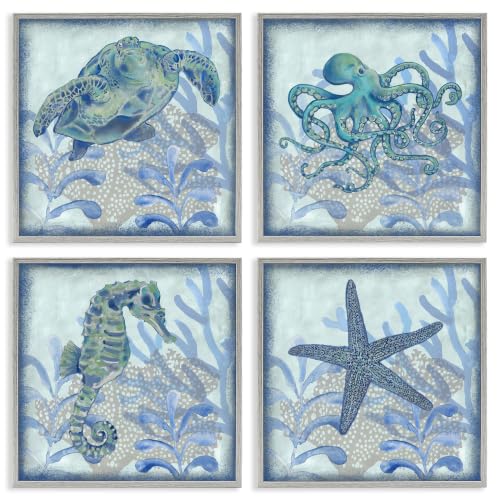 Maritime Underwater Sea Life Reef, 17 x 17 Inch Framed Giclée Print Set