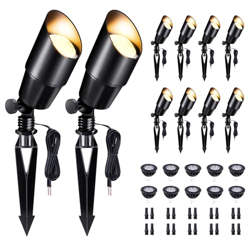 Varmtalys Waterproof Black LED Landscape Lights, 12V AC/DC Outdoor Spotlights, Aluminum Uplight for Fence Lawn Decorations with 5W MR16 Bulb 2700K 10 Pack