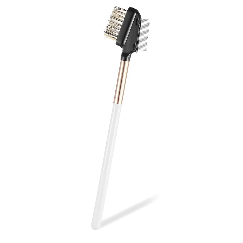 Pincel para sobrancelhas e pente para cílios Sliverdew 2 em 1 com dentes de aço inoxidável e cabo de madeira, branco, 1 unidade