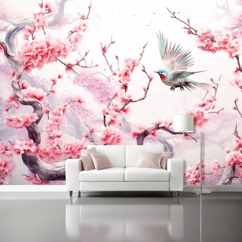 Papel Pintado Panorámico - Estilo Chino Retro Floral Mural Fotográfico Artístico 300 x 210 cm, Rosa Papel Pintado No Tejido Decoración De Pared Sala Oficina Salón Dormitorio