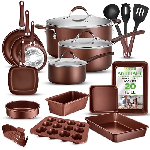 NutriChef Kochgeschirr Set 20 Teilig – Topfset, Pfannenset & Backformen Set Antihaft – PFOA/PFOS-freie Kochtöpfe – Induktions Töpfe & Pfannen mit durchsichtigen Deckeln – Für Gesundes Kochen & Backen