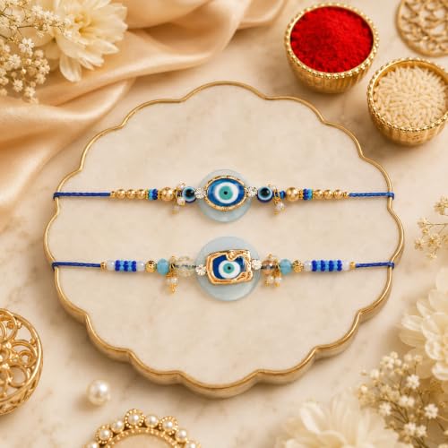 Image of CraftVatika Evil Eye Rakhi Set of 2 for Brother Boy Men, Premium Rakhi for Bhaiya Brother, Designer Rakhis for Rakshabandhan Traditional Raki with Best Wishes and Tillak Set, Rakies for Rakshabandhan