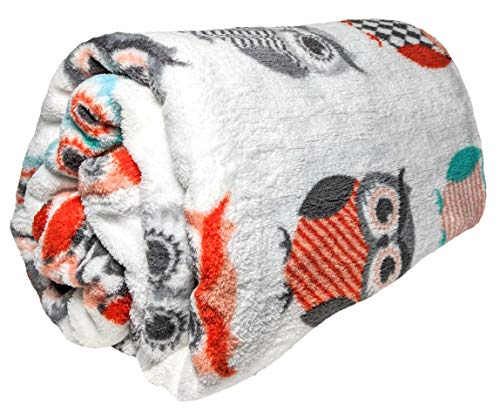 Fruzelg JustHome Fun Print Soft Cozy Lightweight 50 x 60 Fleece Throw Blanket (White with Colorful Owls)