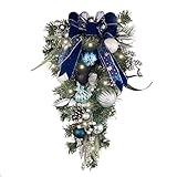 Valery Madelyn Pre-Lit Christmas Teardrop Swag for Decorating Outdoor, 24 Inch Silver Blue Mailbox Swag Decoration with 20 LED Lights, Ball Ornaments for Front Door Stairway Window Shelf Xmas Decor
