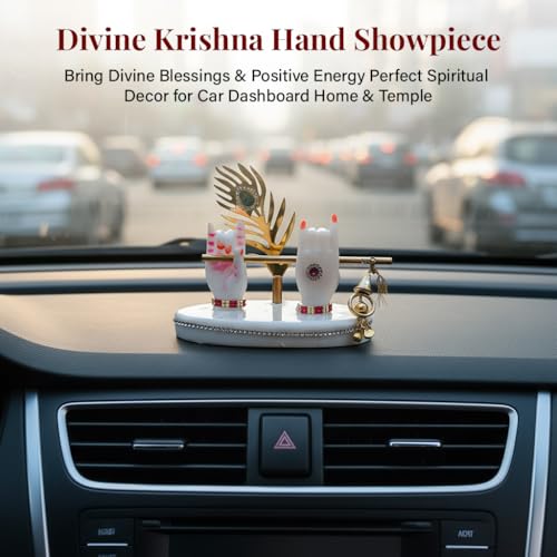 Image of HindCraft Krishna Hand Idol with Flute & Peacock Feather | Marble Finish Spiritual Showpiece for Home Decor, Temple & Gift