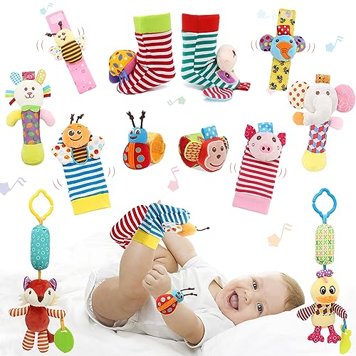 Image of Newborn Baby Soft Hand Bracelet Wrist Rattle Toy, Foot Finder Sock, Baby Hanging Rattles, Newborn Crib & Car Seat Stroller Toys (MA-12 PCS)