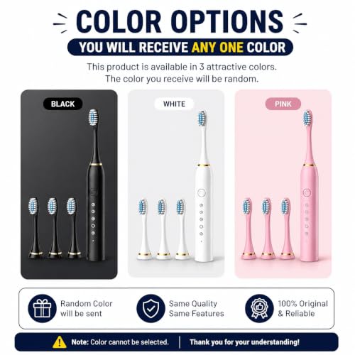 Image of Gospire Electric Toothbrush for Adults & Kids | 5 Cleaning Modes | 34000 Strokes /Min | USB Rechargeable | 4 Brush Heads | Waterproof IPX7 | Deep Cleaning Electric Tooth Brush (Random Color)