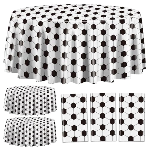 PIXHOTUL 3 Pcs Soccer Tablecovers, Round Soccer Plastic Tablecloths, Soccer Party Supplies for Soccer Game Day, Kid's Birthday Party, Baby Shower, Soccer Team Party, 84 x 84 Inch